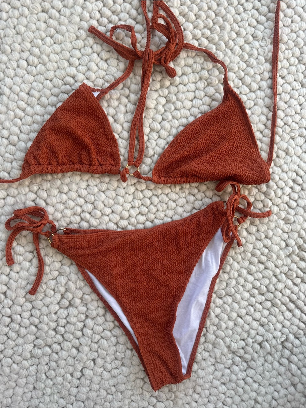 SHEIN Rust Orange Textured Triangle Tie-Side Bikini